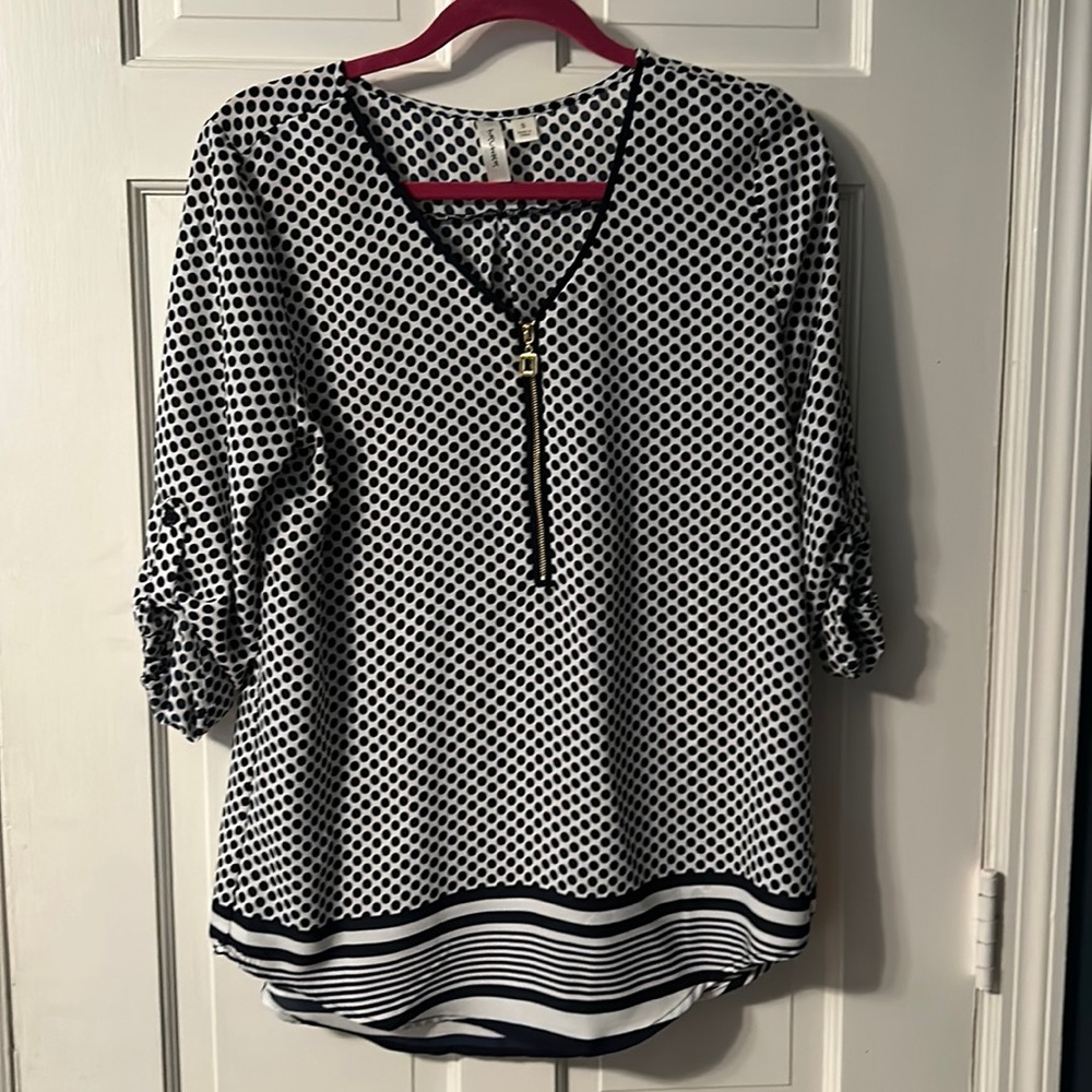 Tacera size S white with navy blue polkadots w navy & white stripes on bottom